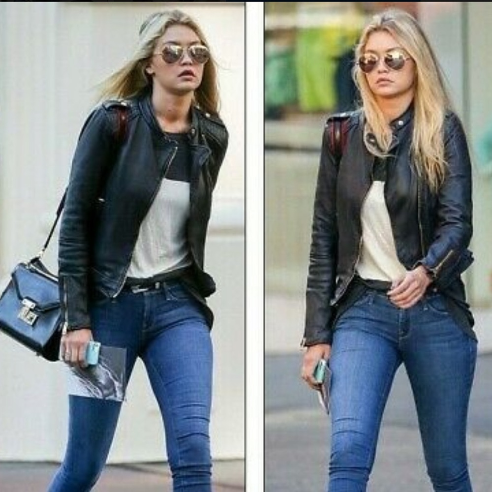 Zara black lamb leather moto jacket with gold hardware, as seen on Gigi Hadid.